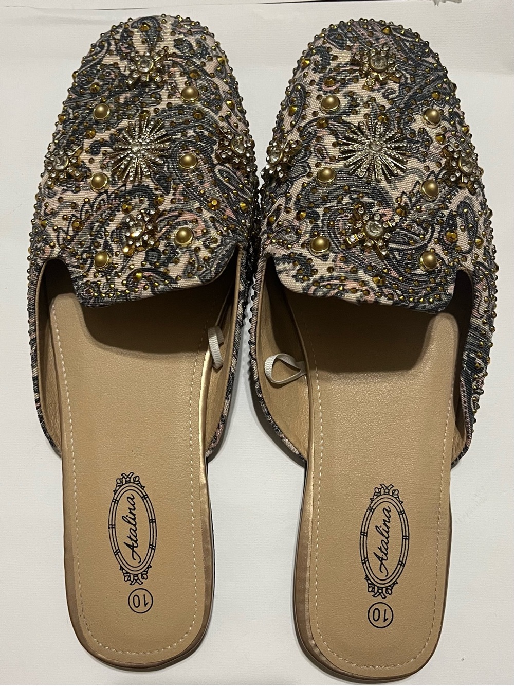 Atalina Embellished Beige & Gold Slip-On Mules